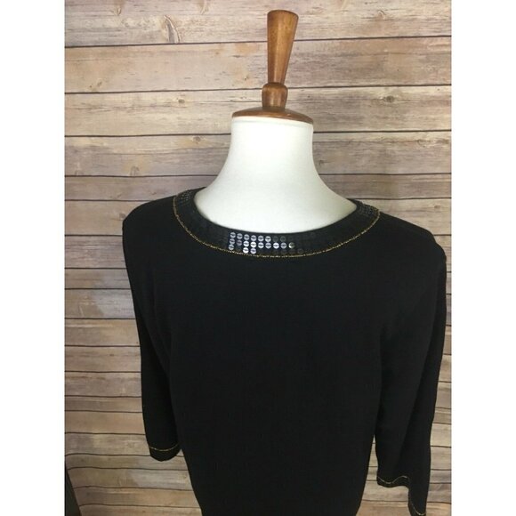 Quacker Factory Large Black Sweater V Neck Sequine - Picture 6 of 11